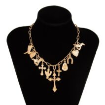 Boho Gold Tone Cross Cactus Cowboy Hat Charm Necklace - ArtGalleryZen