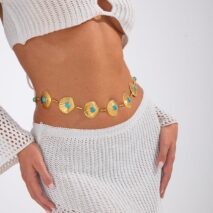 Boho Gold Tone Turquoise Inlaid Shell Waist Chain - ArtGalleryZen