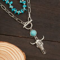 Boho Layered Bull Pendant Turquoise Necklace Set - ArtGalleryZen