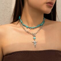Boho Layered Bull Pendant Turquoise Necklace Set - ArtGalleryZen