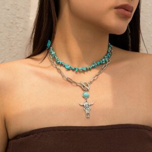 Boho Layered Bull Pendant Turquoise Necklace Set - ArtGalleryZen