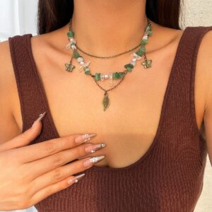 Boho Layered Butterfly Feather Pendant Turquoise Stone Chain Necklace - ArtGalleryZen