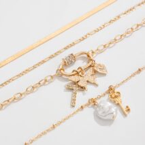 Boho Layered Butterfly Pearl Pendant Snake Chain Choker Necklace Set - ArtGalleryZen