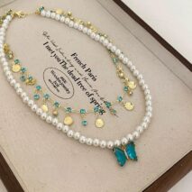 Boho Layered Butterfly Rhinestone Shell Tassel Pearl Chain Necklace - ArtGalleryZen
