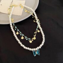 Boho Layered Butterfly Rhinestone Shell Tassel Pearl Chain Necklace - ArtGalleryZen