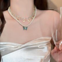 Boho Layered Butterfly Rhinestone Shell Tassel Pearl Chain Necklace - ArtGalleryZen
