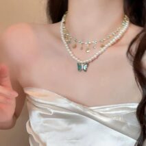 Boho Layered Butterfly Rhinestone Shell Tassel Pearl Chain Necklace - ArtGalleryZen