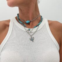 Boho Layered Cactus Bowknot Pendant Turquoise Chain Necklace Set - ArtGalleryZen