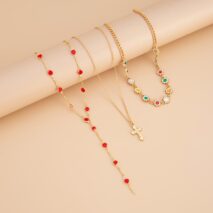 Boho Layered Cross Pendant Rhinestone Crystal Chain Y Necklace Set - ArtGalleryZen