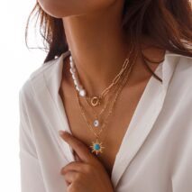 Boho Layered Evil Eye Turquoise Sun Pendant Paperclip Pearl Chain Necklace Set - ArtGalleryZen