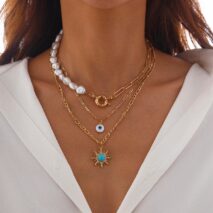 Boho Layered Evil Eye Turquoise Sun Pendant Paperclip Pearl Chain Necklace Set - ArtGalleryZen