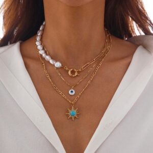 Boho Layered Evil Eye Turquoise Sun Pendant Paperclip Pearl Chain Necklace Set - ArtGalleryZen