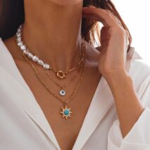 Boho Layered Evil Eye Turquoise Sun Pendant Paperclip Pearl Chain Necklace Set - ArtGalleryZen