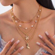 Boho Layered Flower Boot Pendant Pearl Chain Necklace Set - ArtGalleryZen