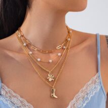 Boho Layered Flower Boot Pendant Pearl Chain Necklace Set - ArtGalleryZen