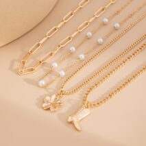 Boho Layered Flower Boot Pendant Pearl Chain Necklace Set - ArtGalleryZen