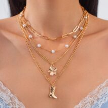 Boho Layered Flower Boot Pendant Pearl Chain Necklace Set - ArtGalleryZen