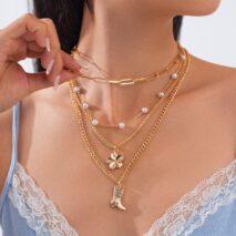 Boho Layered Flower Boot Pendant Pearl Chain Necklace Set - ArtGalleryZen