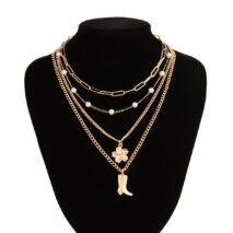 Boho Layered Flower Boot Pendant Pearl Chain Necklace Set - ArtGalleryZen