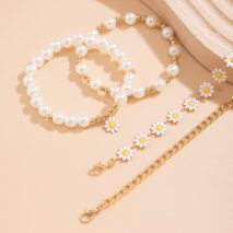Boho Layered Flower Pearl Chain Bracelet Set - ArtGalleryZen