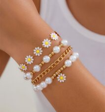Boho Layered Flower Pearl Chain Bracelet Set - ArtGalleryZen