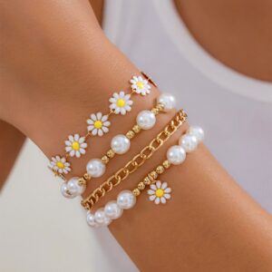 Boho Layered Flower Pearl Chain Bracelet Set - ArtGalleryZen