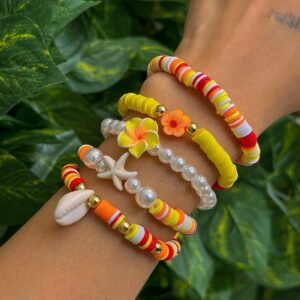 Boho Layered Flower Starfish Conch Polymer Clay Beaded Bracelet Set - ArtGalleryZen