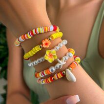Boho Layered Flower Starfish Conch Polymer Clay Beaded Bracelet Set - ArtGalleryZen