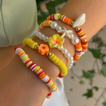 Boho Layered Flower Starfish Conch Polymer Clay Beaded Bracelet Set - ArtGalleryZen