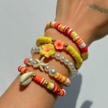 Boho Layered Flower Starfish Conch Polymer Clay Beaded Bracelet Set - ArtGalleryZen