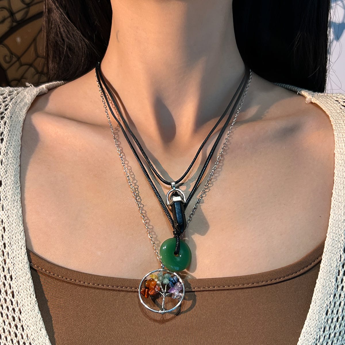 Boho Layered Healing Crystal Family Tree Pendant Wax Cord Necklace Set - ArtGalleryZen