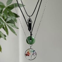 Boho Layered Healing Crystal Family Tree Pendant Wax Cord Necklace Set - ArtGalleryZen