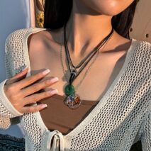 Boho Layered Healing Crystal Family Tree Pendant Wax Cord Necklace Set - ArtGalleryZen