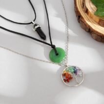 Boho Layered Healing Crystal Family Tree Pendant Wax Cord Necklace Set - ArtGalleryZen