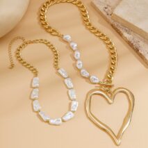 Boho Layered Heart Pendant Irregular Pearl Curb Chain Choker Necklace Set - ArtGalleryZen
