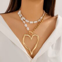 Boho Layered Heart Pendant Irregular Pearl Curb Chain Choker Necklace Set - ArtGalleryZen