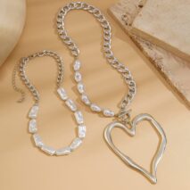 Boho Layered Heart Pendant Irregular Pearl Curb Chain Choker Necklace Set - ArtGalleryZen