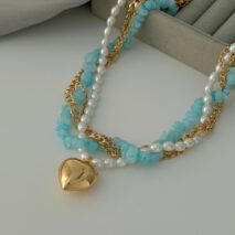 Boho Layered Heart Pendant Turquoise Pearl Curb Chain Choker Necklace - ArtGalleryZen