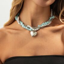Boho Layered Heart Pendant Turquoise Pearl Curb Chain Choker Necklace - ArtGalleryZen