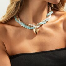 Boho Layered Heart Pendant Turquoise Pearl Curb Chain Choker Necklace - ArtGalleryZen