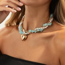 Boho Layered Heart Pendant Turquoise Pearl Curb Chain Choker Necklace - ArtGalleryZen