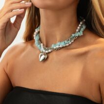 Boho Layered Heart Pendant Turquoise Pearl Curb Chain Choker Necklace - ArtGalleryZen