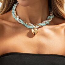 Boho Layered Heart Pendant Turquoise Pearl Curb Chain Choker Necklace - ArtGalleryZen