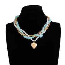 Boho Layered Heart Pendant Turquoise Pearl Curb Chain Choker Necklace - ArtGalleryZen