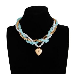 Boho Layered Heart Pendant Turquoise Pearl Curb Chain Choker Necklace - ArtGalleryZen