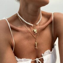 Boho Layered Key Lock Boot Lucky Horseshoe Pendant Pearl Chain Necklace Set - ArtGalleryZen