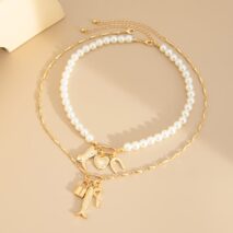Boho Layered Key Lock Boot Lucky Horseshoe Pendant Pearl Chain Necklace Set - ArtGalleryZen