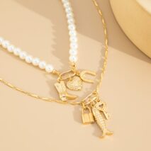 Boho Layered Key Lock Boot Lucky Horseshoe Pendant Pearl Chain Necklace Set - ArtGalleryZen