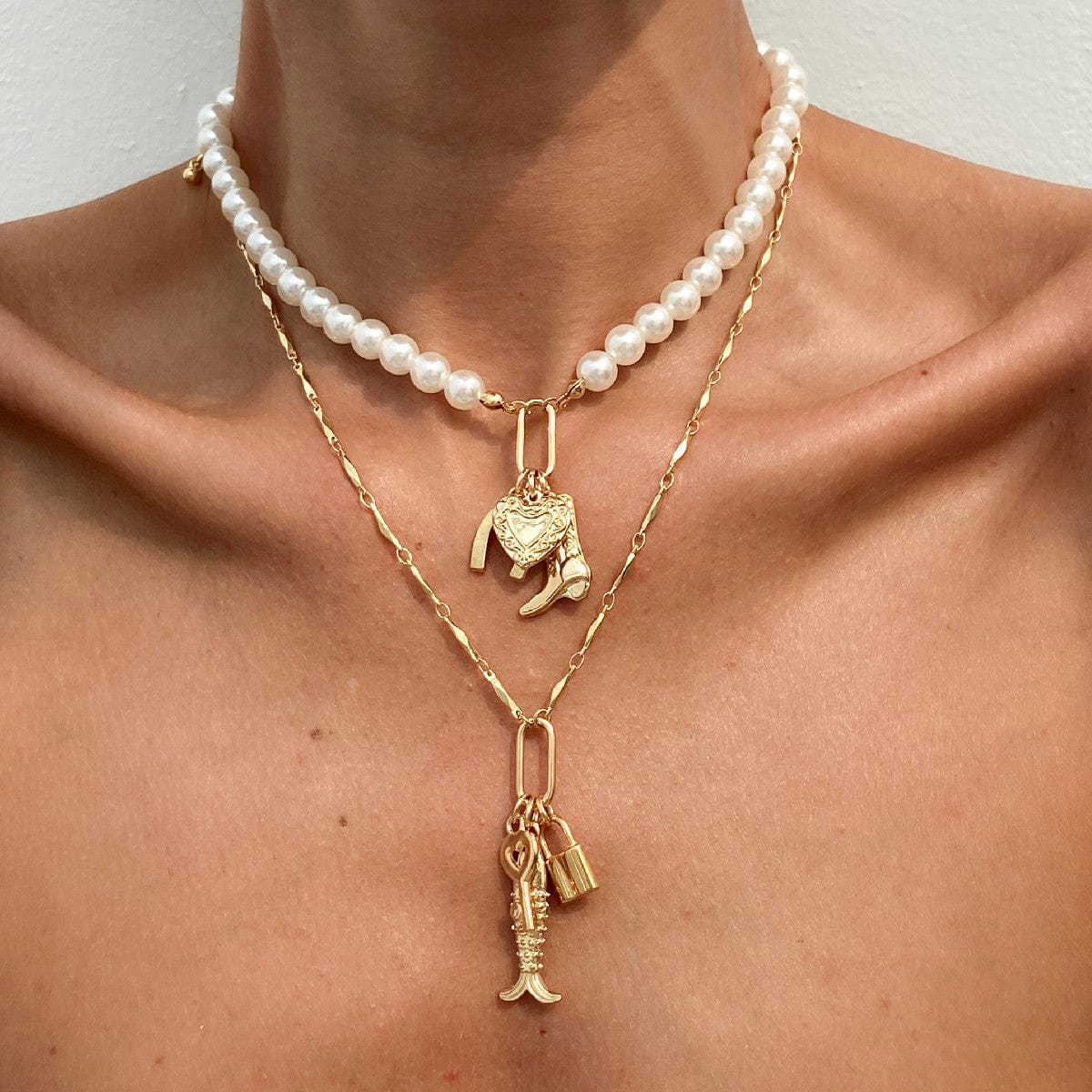 Boho Layered Key Lock Boot Lucky Horseshoe Pendant Pearl Chain Necklace Set - ArtGalleryZen