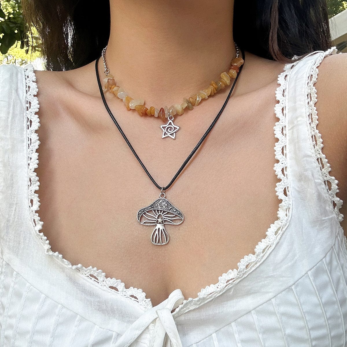 Boho Layered Mushroom Star Pendant Turquoise Stone Chain Necklace Set - ArtGalleryZen